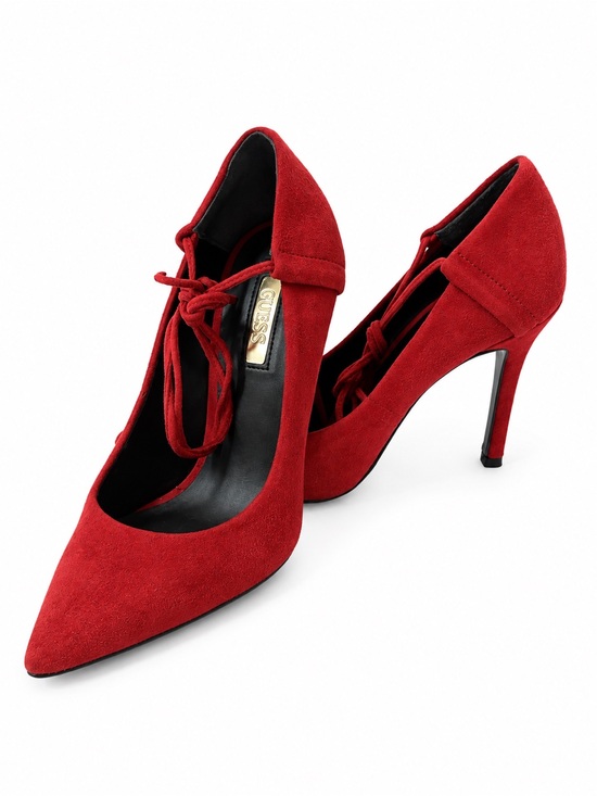 Guess Shoes - Guess Red Suede Pointed-Toe Lace-Up Stiletto Pumps